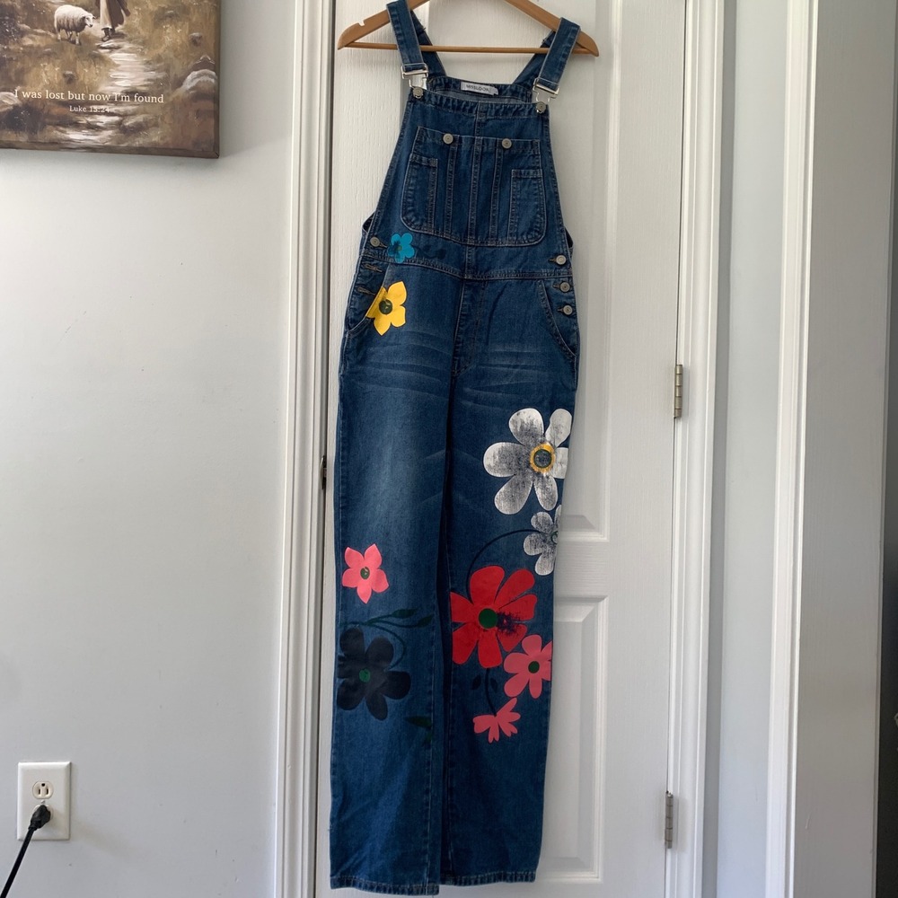 Misslook Womens Floral Graphic Denim Overalls Medium Wash Straight Leg Size M